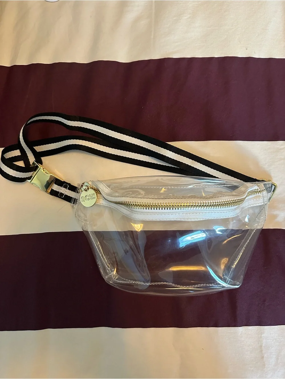 Stoney Clover Lane Clear fanny pack crossbody belt bag w/ black and white strap